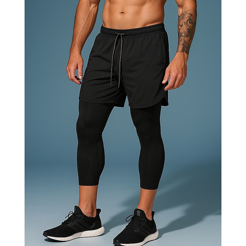 Men's Compression Pants Running Tights 2 in 1 High Waist Bottoms Athleisure Gym Workout Fall Quick Dry Breathable Gym Basketball Workout Regular Fit Sportswear Activewear Solid Colored Black White