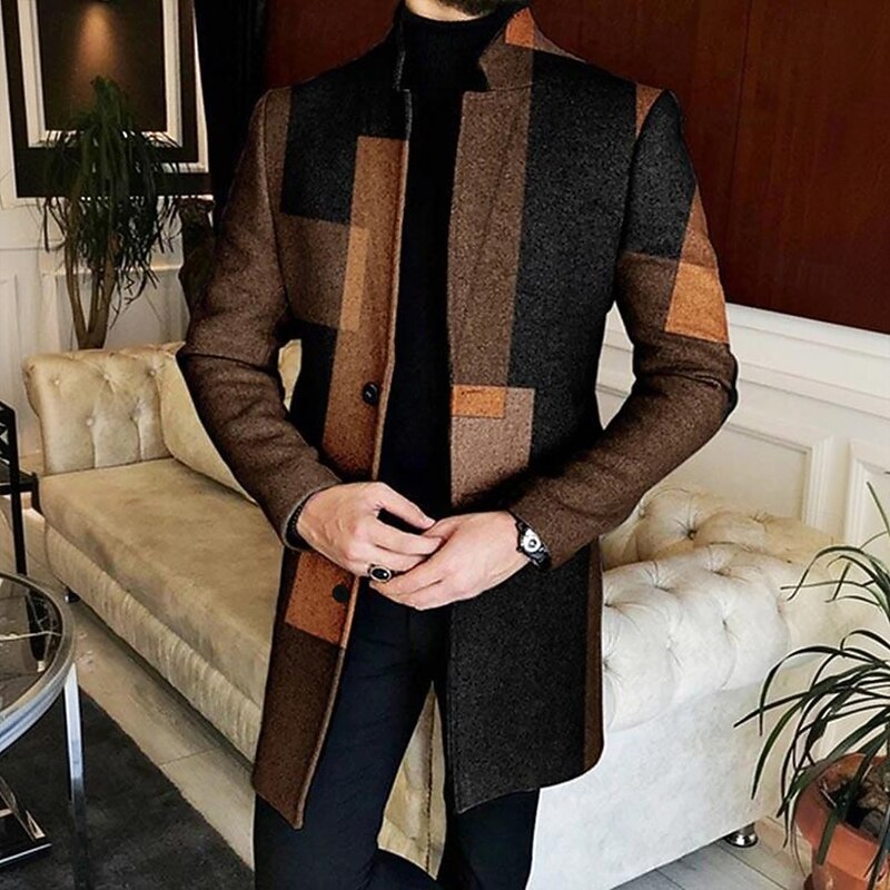 Men Geometric Plaid Overcoat Coat Casual Business Casual Daily 3D Print Buttons Front Pocket Spring Fall Winter Notch Long Sleeve Black Blue Brown3