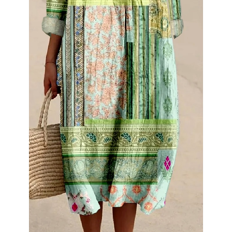Women's Midi Dress Sundress A Line Dress Vacation Casual Boho Holiday Date Beach Loose Fit Floral Graphic Paisley Long Sleeve V Neck Light Pink Light Green Light Purple Summer Spring Fall3