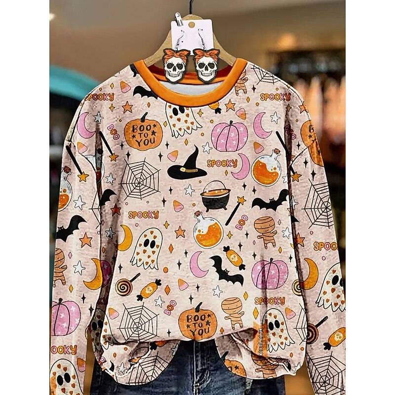 Halloween Women's Sweatshirts Pumpkin Graphic Skull Warm Vintage Casual Long Sleeve Crew Neck Round Neck Regular Tops Street Dailywear Print Orange Spring Fall Winter2