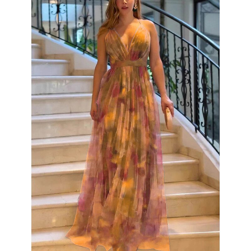 Women's Maxi Dress Elegant Dress Stylish Sexy Casual Regular Fit Print Sleeveless V Neck Yellow Peach Blue Purple Summer Spring Fall4