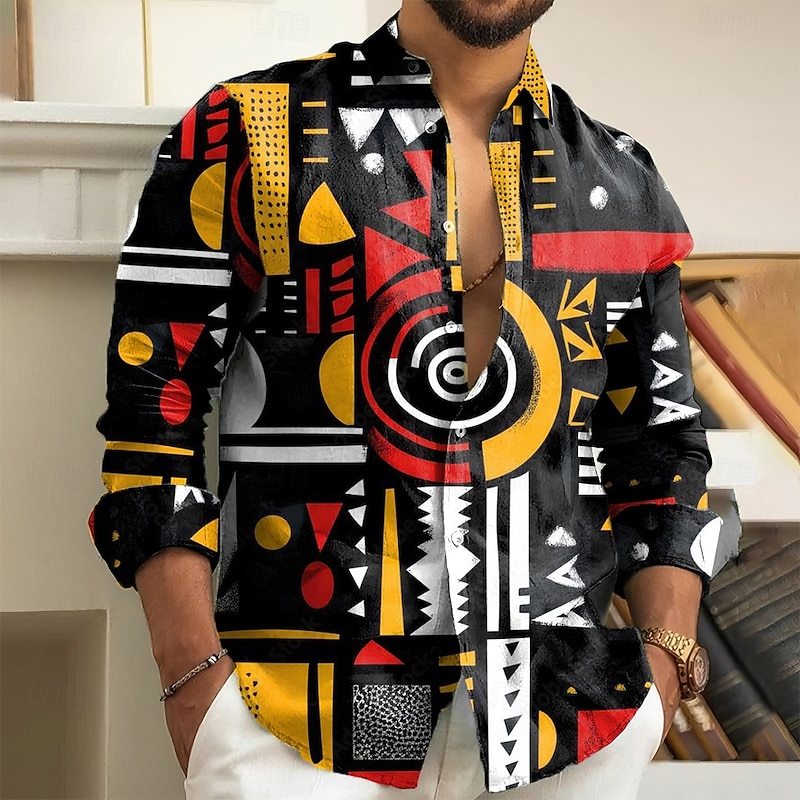 Men's Geometric Abstract Art Shirt Button Up Shirt Long Sleeve Vintage Retro Outdoor Casual Holiday Spring Fall Turndown 3D Print Collared Shirts Yellow Red Blue
