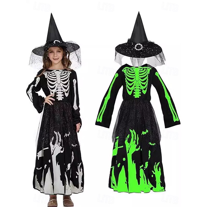 Witch Grim Reaper Skull Skeleton Halloween Costume Glow in the Dark Horror Scary Costume Kid's Boys' Girls' Halloween Carnival Performance Party Easy Halloween Costumes Dress Up3
