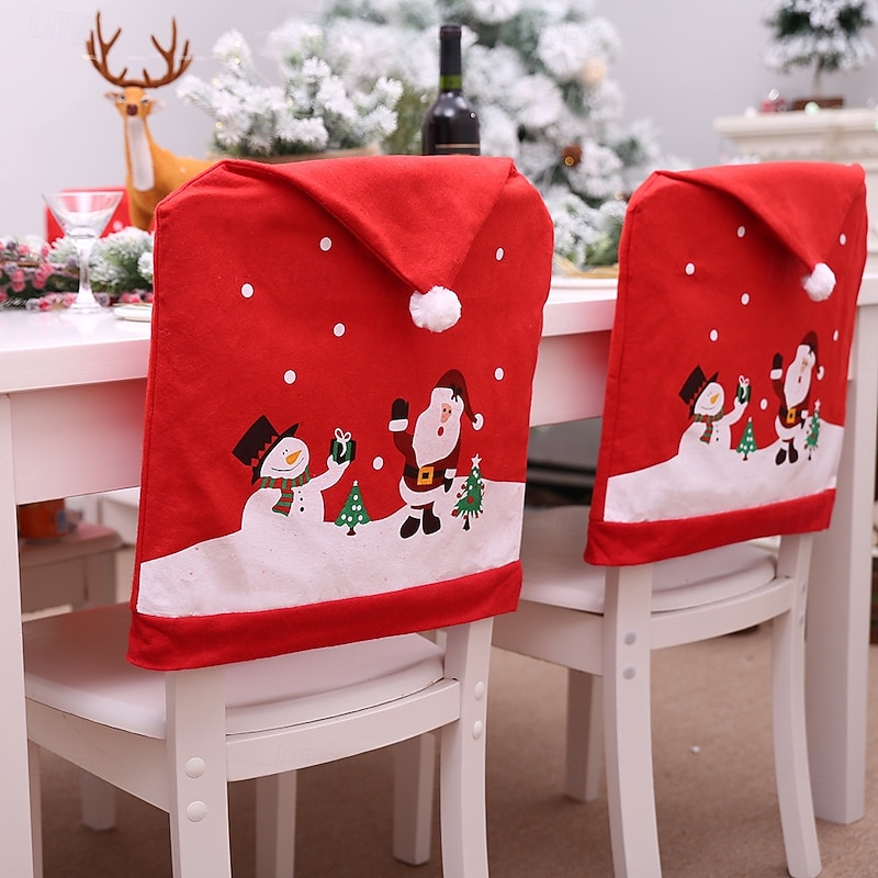 Christmas Chair Covers Set, Non-Woven Santa Claus & Snowman Chair Back Covers, Holiday Dining Chair Decorations, Santa Hat Chair Slipcovers