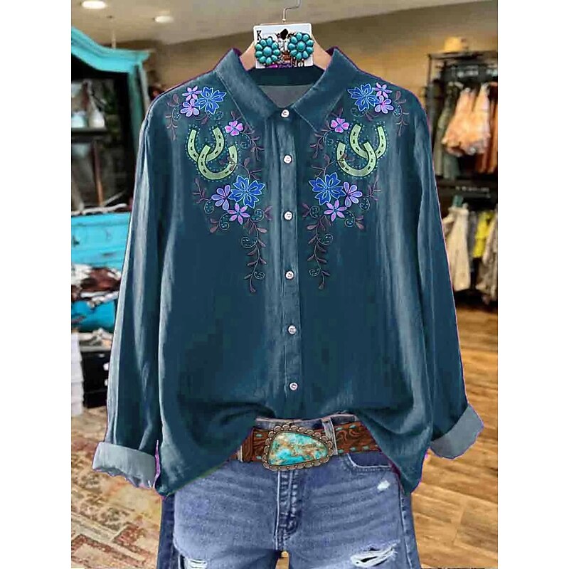 Women's Shirt Floral Graphic Elegant Bohemia Daily Long Sleeve Shirt Collar Regular Tops Work Daily Ruched Embroidered Buttons Blue Purple Brown Green Spring Fall Winter4