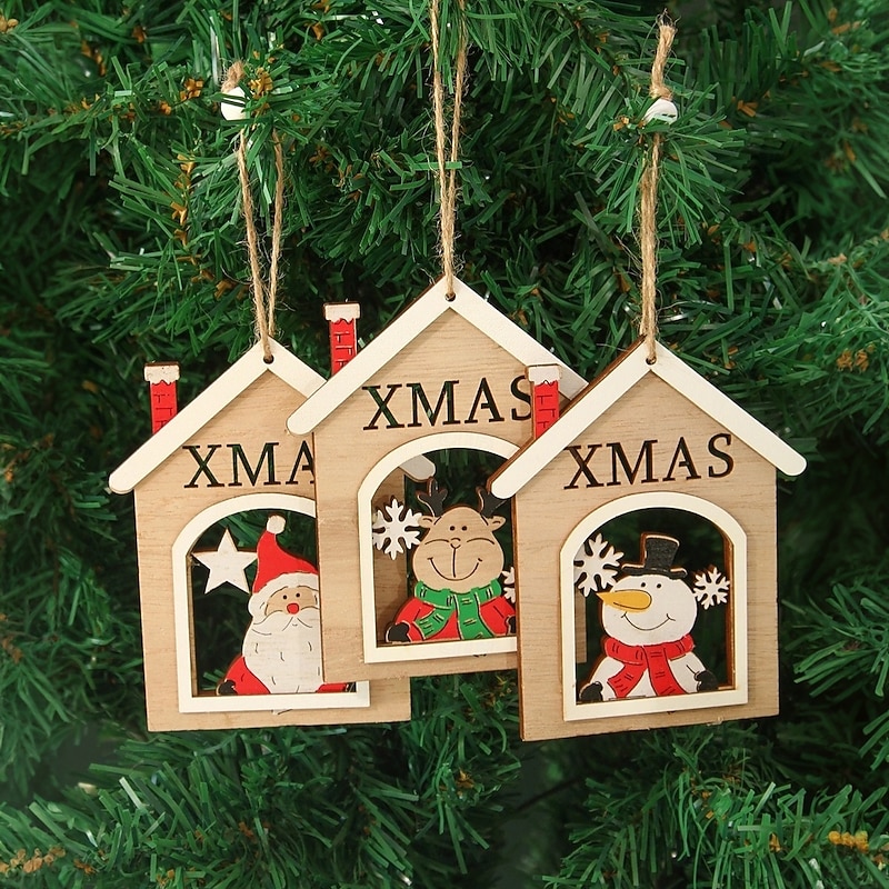 3PCS Christmas Wooden House Ornaments, Cartoon Santa Claus and Snowman Hanging Decorations, Festive Xmas Tree Hanging Decor for Holiday Home Decoration and Christmas Gifts
