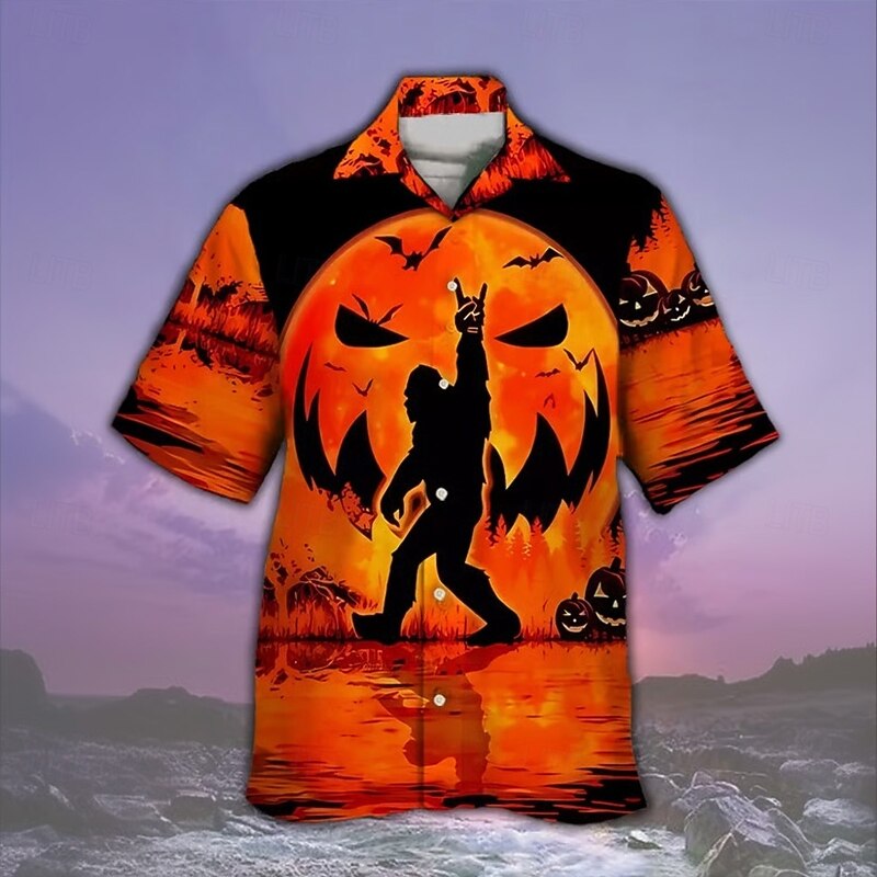Halloween Men's Pumpkin Halloween Costumes Shirt Cuban Collar Shirt Button Up Shirt Short Sleeve Dark Punk Gothic Style Holiday Streetwear Summer Camp Collar Shirt 3D Print Orange