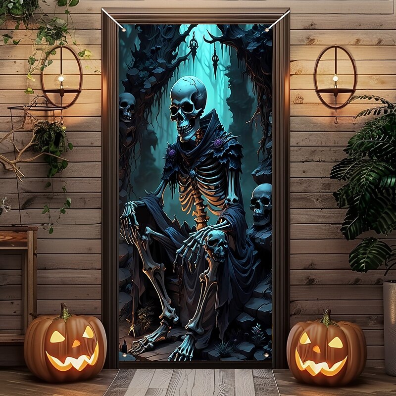 Halloween Door Cover Outdoor Banners Skeleton 3D Dark Punk Gothic Style Party Outdoor Shooting Backgrounds Front Door Wall Porch Home Decor2
