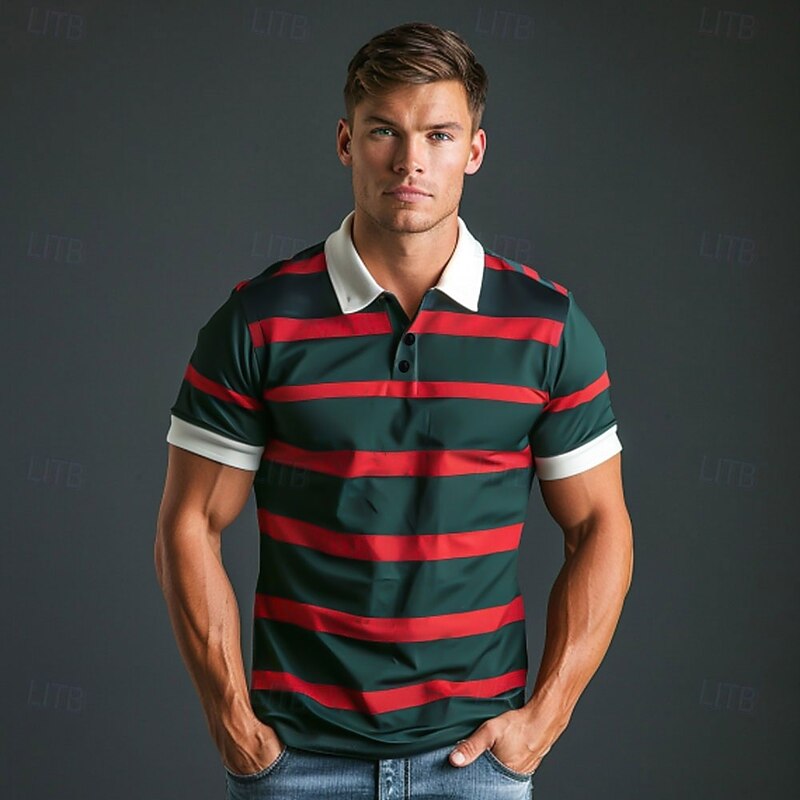 Men's Stripes Rugby Polo Short Sleeve Polo Shirts Collared Shirts Casual School Outdoor Sports Daily Wear 3D Print Summer Red