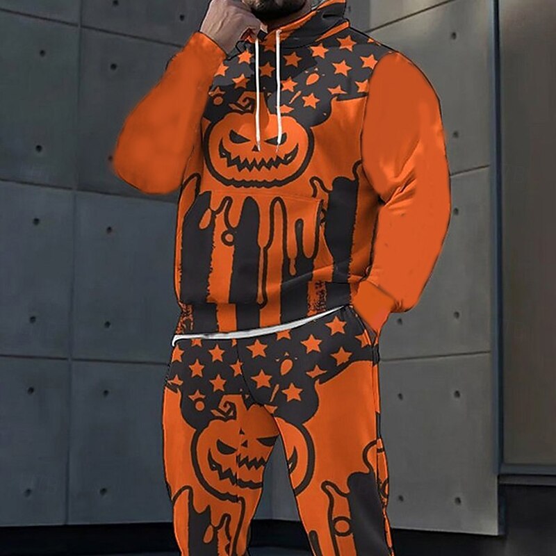 Halloween Men's Pumpkin Smile 2pcs 3D Sweatshirt Sets Tracksuit Hoodie Sweatshirt Long Sleeve Long pants Hooded Casual Daily Athleisure Festival Outfit 3D Print Spring Fall Winter Orange2