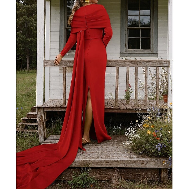 Red Formal Cape Dress Gown Mermaid / Trumpet Evening Gown Elegant Dress Formal Wedding Court Train Long Sleeve Crew Neck Stretch Crepe with Pleats 20252