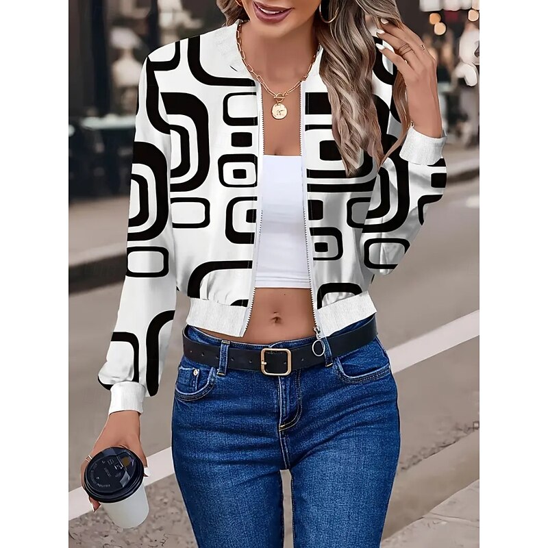 Women's Casual Jacket Comfortable Breathable Zipper Print Casual Street Style Geometric Vacation Street Casual Daily Wear Zipper Short Stand Collar Loose Fit Long Sleeve Outerwear Black White Fuchsia4