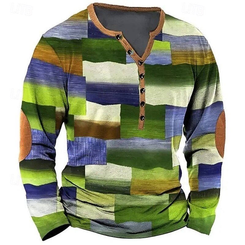 Men's Geometric Patchwork T Shirt Henley Shirt Tee Long Sleeve Vintage Designer Stylish Outdoor Casual Daily Spring & Summer All Seasons Green Blue khaki Henley Henley T-Shirt3