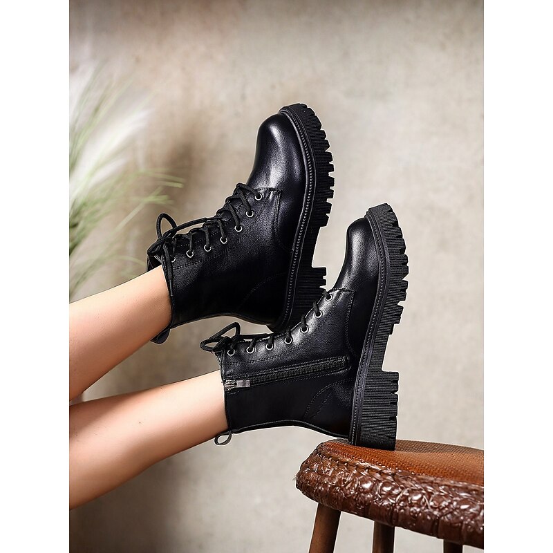 Women's Black Leather Lace - Up Combat Boots, Edgy Style for Urban Fashion, Ideal for City Streetwear & Daily Outfits2