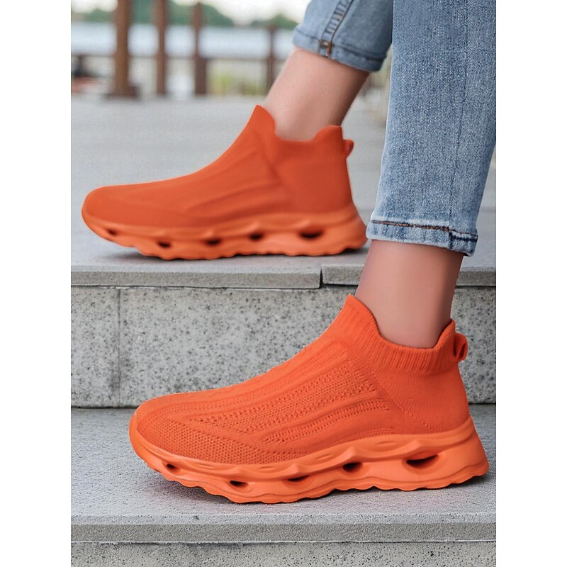 Women's Orange Flyknit Slip-On Sneakers with Air-Cushioned Soles – Sporty & Comfortable Style for  Urban Walks, Gym Workouts & Casual Outings2