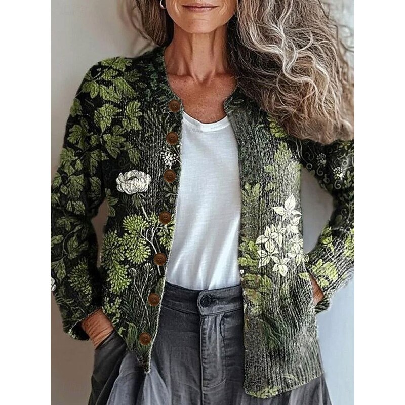 Women's Cardigan Sweater Knitted Ribbed Button Front Round Neck Long Sleeve Lightweight Elegant Vacation Vintage Floral Graphic Open Front Buttons Print Knit Outdoor Weekend Red Purple Fall Winter3