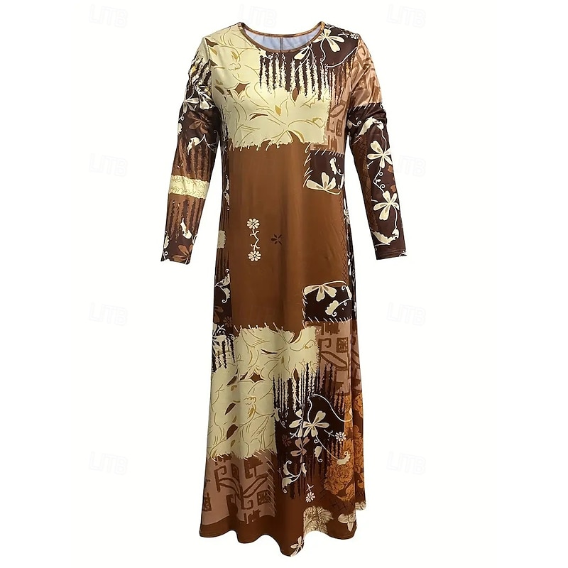 Women's Maxi Dress Sheath Dress A Line Dress Casual Boho Wedding Guest Daily Going out Regular Fit Floral Graphic Long Sleeve Crew Neck Brown Spring Fall Winter Autumn2