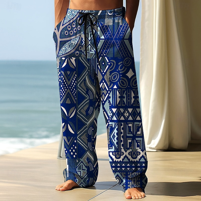 Men's Geometric Ethnic Trousers Baggy Pants Casual Pants Mid Waist Vintage Retro Outdoor Vacation Streetwear Elastic Drawstring Waist Linen-Like Pants with Pockets Spring Fall 3D Print Brown Green