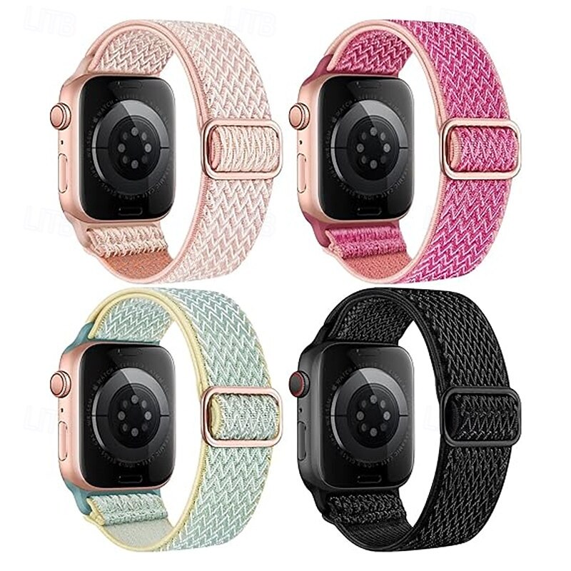 4 Pack Sport Band Compatible with Apple Watch band 38mm 40mm 41mm 42mm 44mm 45mm 49mm Braided Stretchy Breathable Nylon Strap Replacement Wristband for iwatch Ultra 2 Series 9 8 7 SE 6 5 4 3 2 12
