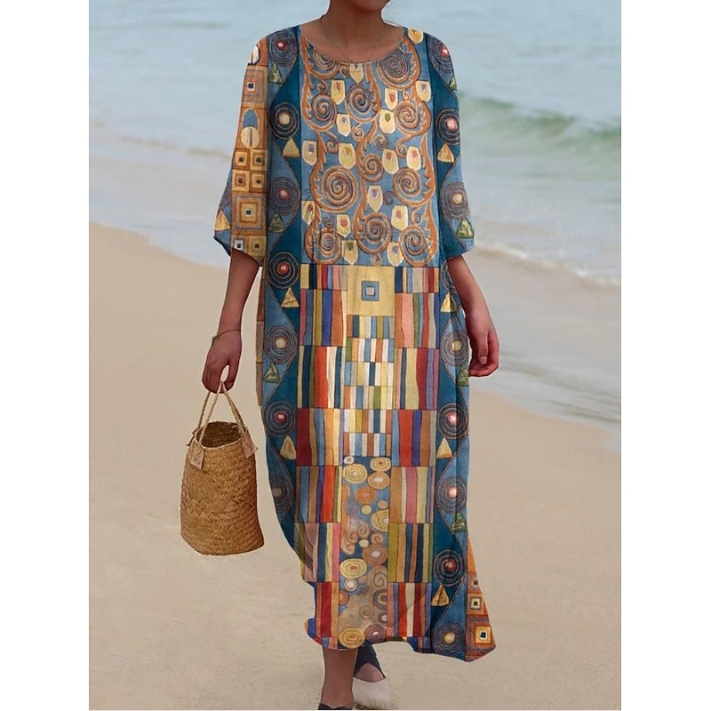 Women's Maxi Dress Kaftan 3/4 Length Sleeve Crew Neck Casual A Line Dress Dress Boho Graphic Geometric Yellow Red Light Brown Brown