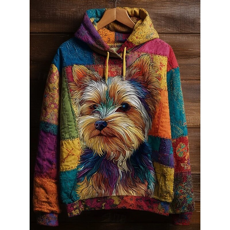 Women's Pullover Hoodie Sweatshirt Graphic Dog Elegant Warm Active Long Sleeve Hooded Regular Tops Street Dailywear Casual Patchwork Print Orange Spring Fall Winter