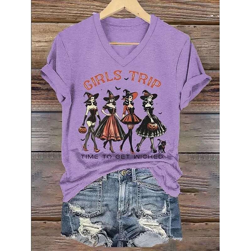 Halloween Women's T shirt Witch Graphic Skull Vintage Stylish Classic Short Sleeve V Neck Regular Tops Daily Print Black White Purple Orange Green Summer Spring2