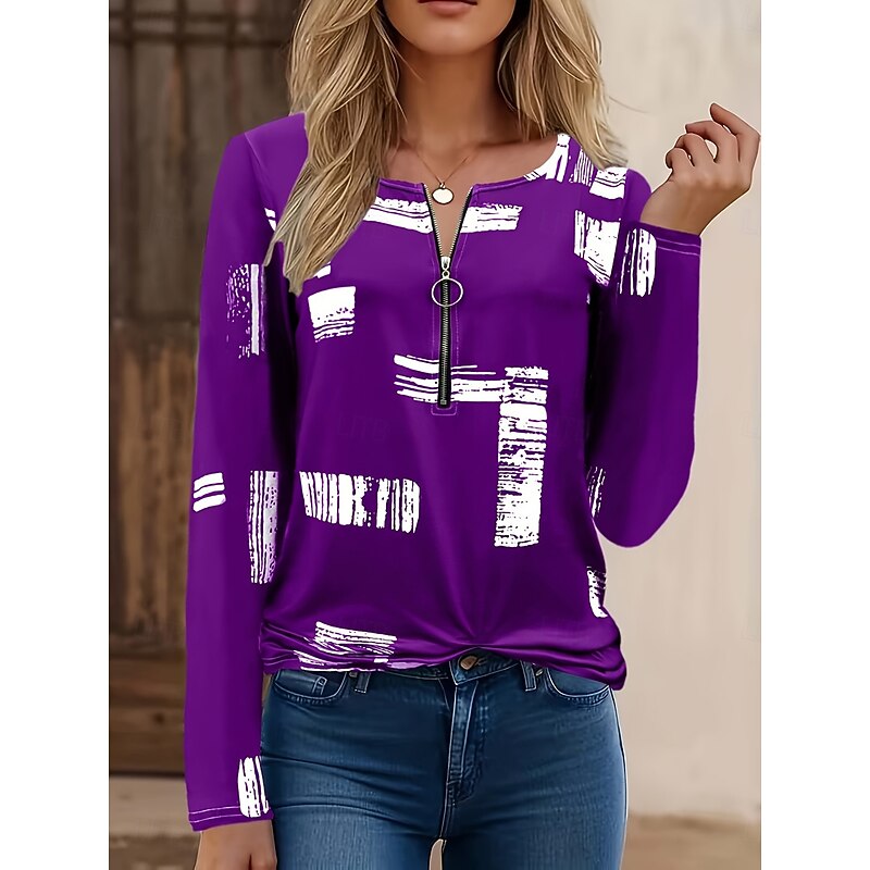Women's T Shirt Graphic Geometric Vintage Fashion Casual Long Sleeve Crew Neck Regular Tops Daily Zipper Print Black Red Blue Purple Brown Fall Winter2