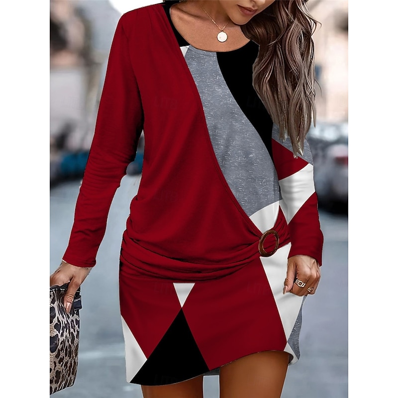 Women's Mini Dress Sheath Dress Wrap Dress Bandage Dress Casual Date Regular Fit Color Block Long Sleeve Crew Neck Black Red Burgundy Blue Fall Winter