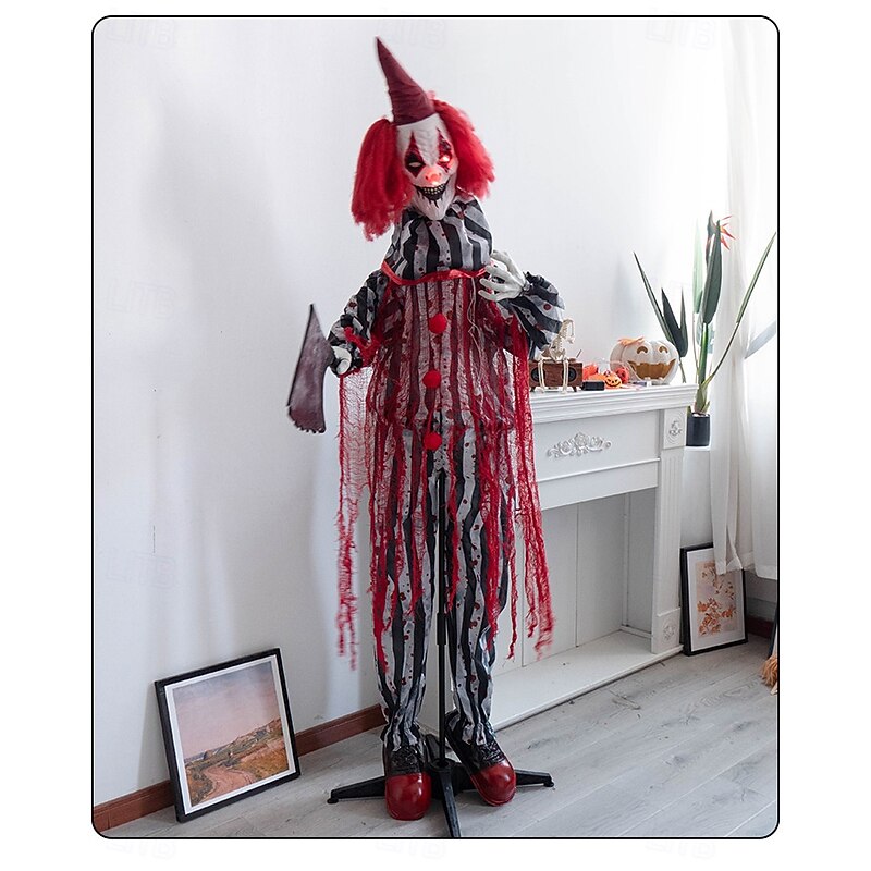 Halloween Clown Figurine Holding A Butcher's Knife, Haunted House Secret Room Electric Sensor Light-Up Decorative Prop4