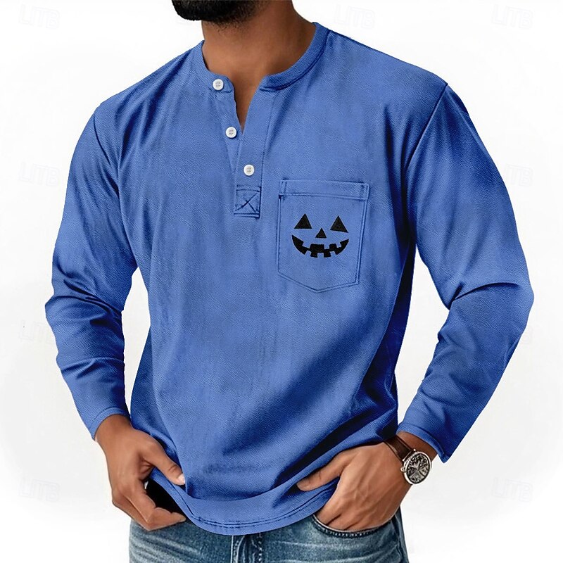 Men's Halloween Pumpkin Smile Henley Shirt T shirt Tee Long Sleeve Retro Vintage Casual Casual Spring Fall Blue Green Purple Orange Henley Henley T-Shirt3