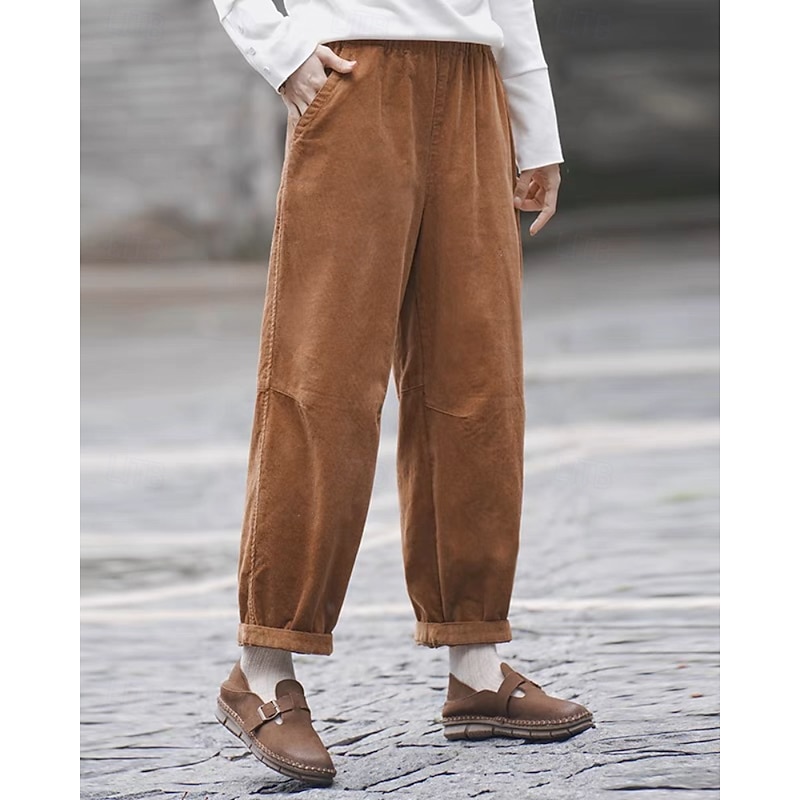 Women's Slacks Straight Streetwear Casual Full Length Natural Plain Pocket Elastic Waist Soft Holiday Daily Wear Weekend Khaki Dark Blue Beige Coffee Fall Regular Fit2