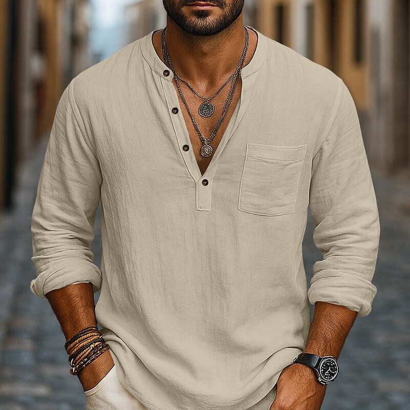 Men's Shirt Linen Shirt Popover Shirt Plain Vacation Casual Black White Navy Blue Blue Long Sleeve Collar Summer Spring Clothing Apparel Pocket3