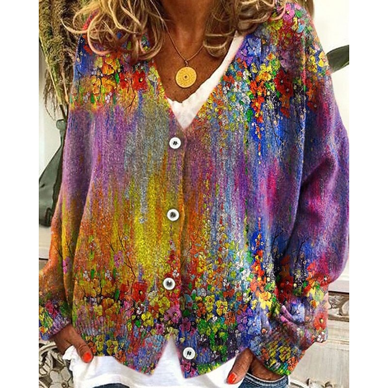 Women's Coat Casual Jacket Warm Comfortable Print Fashion Modern Casual Floral Going out Weekend Single Breasted Regular V Neck Regular Fit Long Sleeve Outerwear White Blue Purple Fall Winter