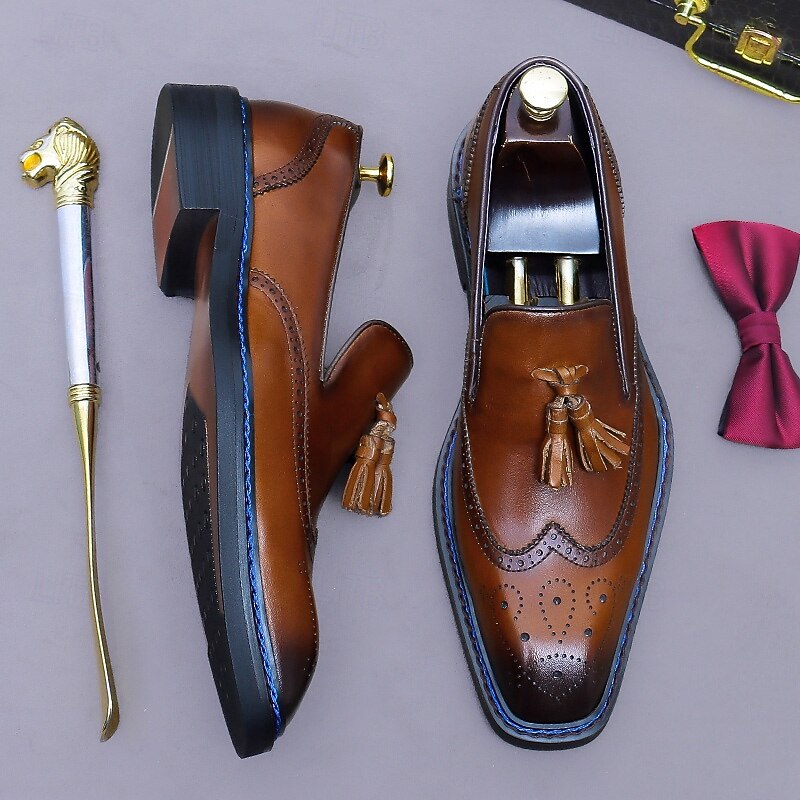 Men's Leather Tassel Loafers - Genuine Cowhide Classic Brogue Dress Shoes with Perforated Detailing, Slip-On Business Formal Shoes for Office, Weddings, and Elegant Occasions3