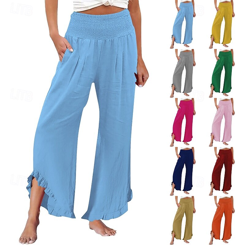 Women's Cotton Linen Pants Wide Leg Slacks Streetwear Casual Full Length Natural Plain Elastic Waist Comfortable Street Holiday Daily Wear claret Orange red Spring Grass Green Yellow Fall Regular Fit