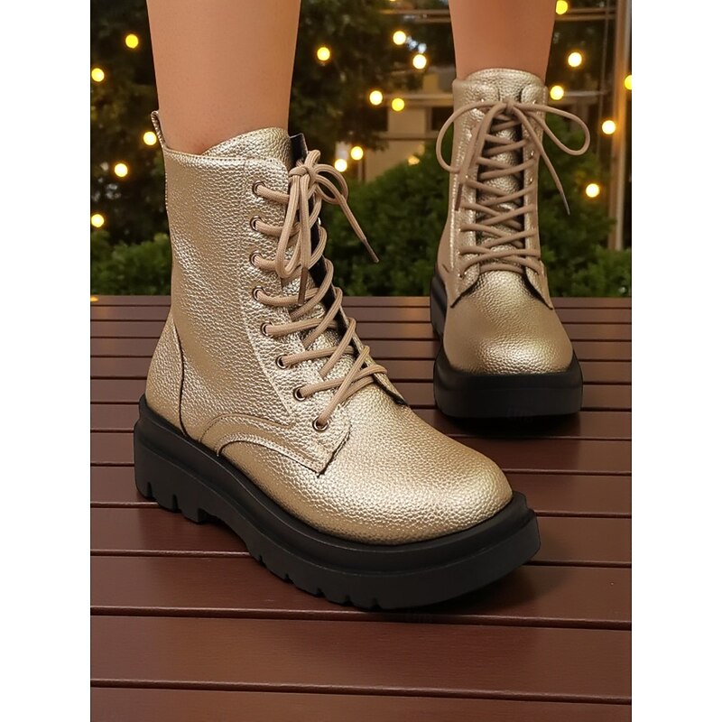 Women's Gold Faux Leather Lace-Up Combat Boots with Chunky Black Sole - Trendy Nightlife Party Footwear3