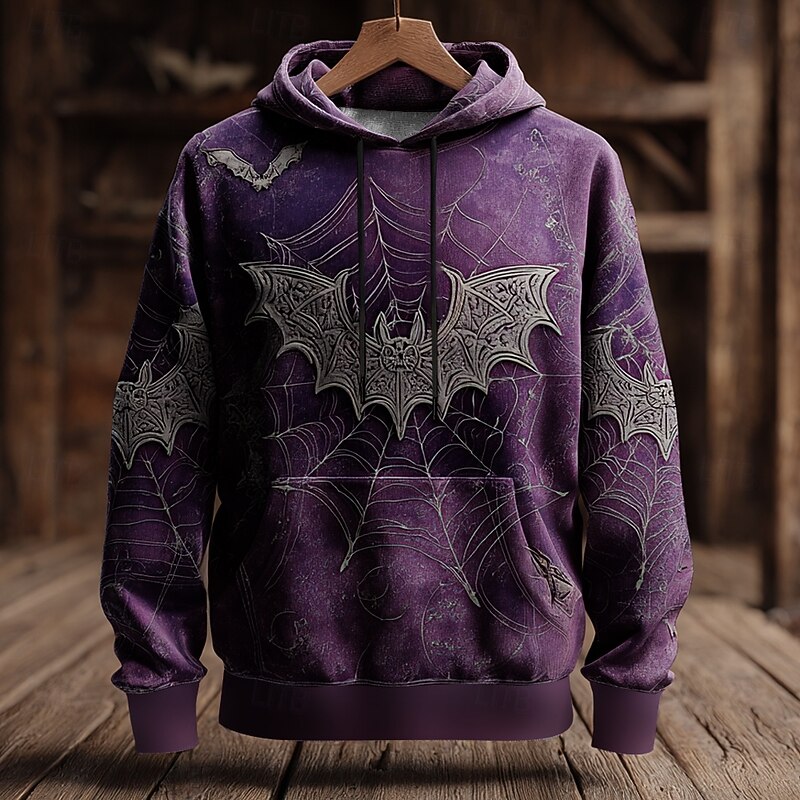 Halloween Men's 3D Bat Sweatshirt Punk Exaggerated Long Sleeve Crew Neck Club Streetwear Purple Orange Drawstring 3D Print Fall Winter Designer2