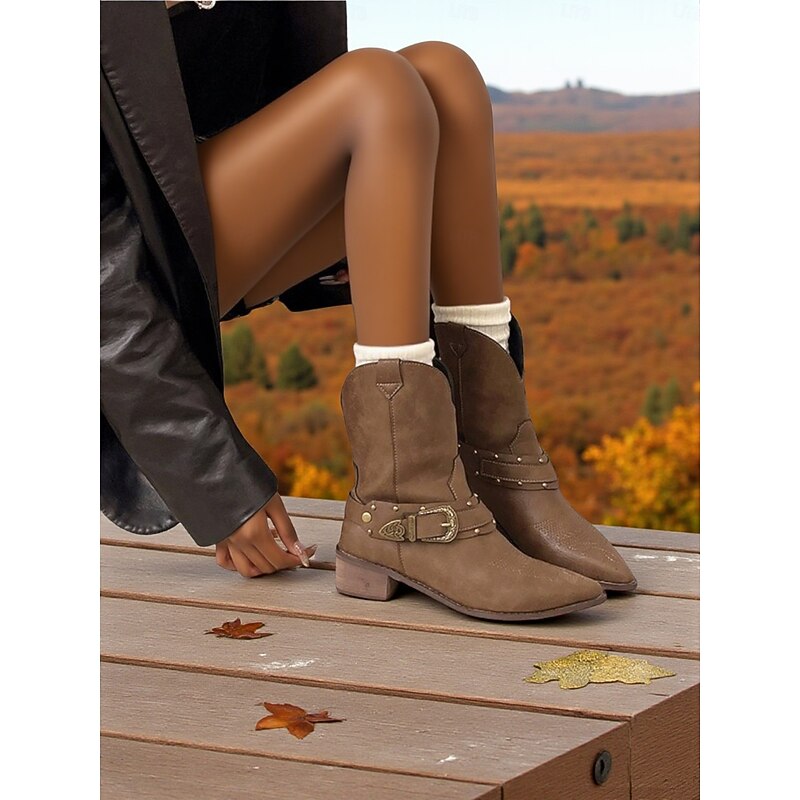 Women's Mid-Calf Boots with Metal Buckle Strap Retro Western Style Comfortable Low Heel Fashion Shoes for Outdoor Urban Casual Wear3
