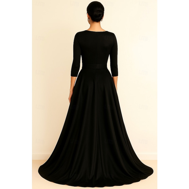 Black Gold A-Line Evening Gown Elegant Dress Formal Wedding Floor Length Long Sleeve V Neck Pocket Satin with Pleats 20252