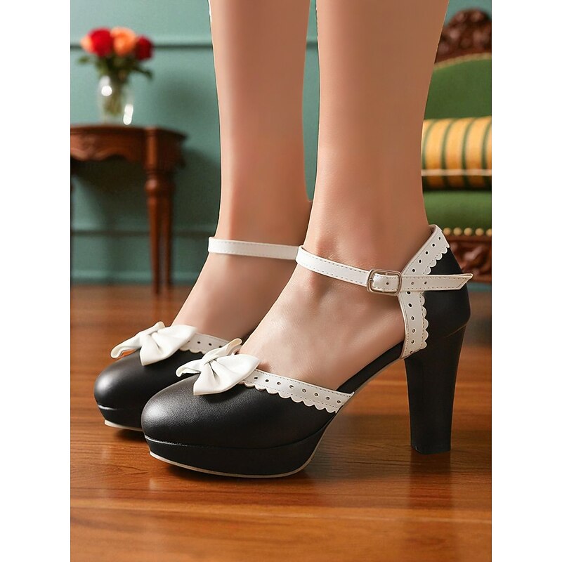 Women's Black and White Bow Ankle Strap Heels - 1950s Vintage  Round Toe Platform Pumps for Lolita Looks, Tea Parties and Elegant Daily Outfits2