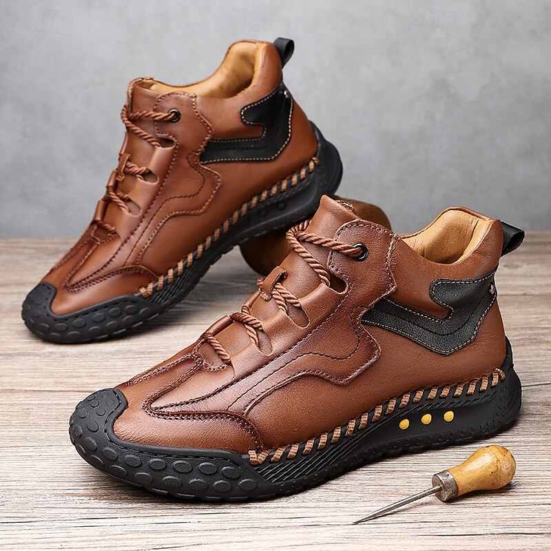 Men's Brown Faux Leather High-Top Casual Sneakers with Non-Slip Rubber Sole – Comfortable Lace-Up Sport Shoes for Outdoor Walking, Travel and Everyday Wear4