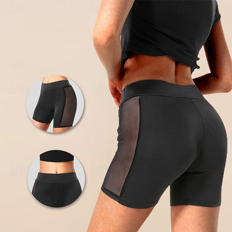 Women's Yoga Shorts Sports Shorts Mesh Tummy Control High Waist Gym Athletic Pilates Bottoms Solid Color Black Sports Activewear
