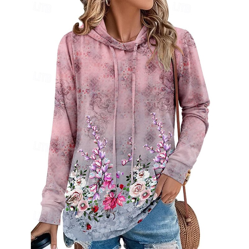 Women's Pullover Hoodie Sweatshirt Floral Streetwear Casual Long Sleeve Hooded Regular Tops Home Street Holiday Print Light Pink Black Pink Navy Blue Purple Fall4