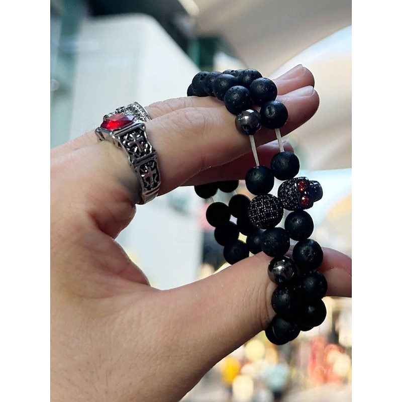 Men's Halloween Skull Beaded Bracelet Set — Natural Lava Stone & Hematite, 2-Piece Stretch Stack with Red-Eye Skull Charm, Gothic Punk for Costume Parties, Cosplay & Daily Wear4