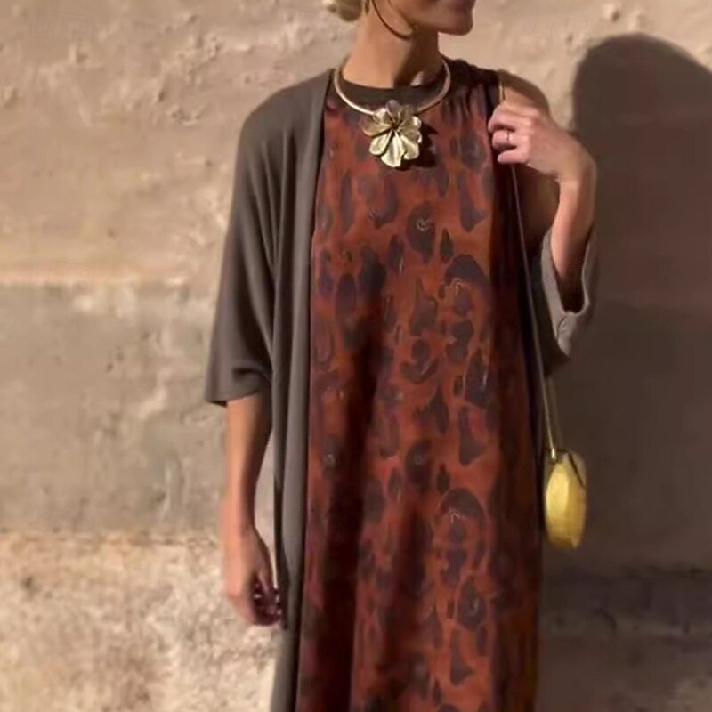 Women's Long Dress Maxi Dress Dress Set Classic Modern Outdoor Vacation Holiday Regular Fit Leopard 3/4 Length Sleeve Crew Neck Brown Fall2