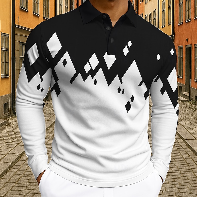 Men's Color Block Geometic Polo Long Sleeve Polo Shirts Lapel Business Casual Athleisure Daily Wear 3D Print Buttons Spring Fall Winter Black White