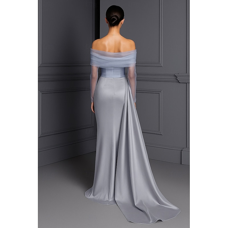 Blue Black Column Evening Gown Elegant Dress Formal Wedding Floor Length Long Sleeve Illusion Neck Stretch Satin with Ruched Beading Slit 20252