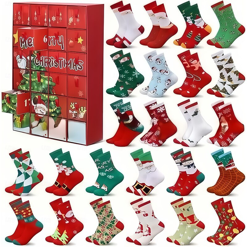 Christmas Socks Advent Calendar for Kids, 12/24 Pair of Christmas Crew Socks Funny Socks Countdown to 2024 Christmas, 24 Days Surprise Christmas Gifts Warm Cotton Socks2