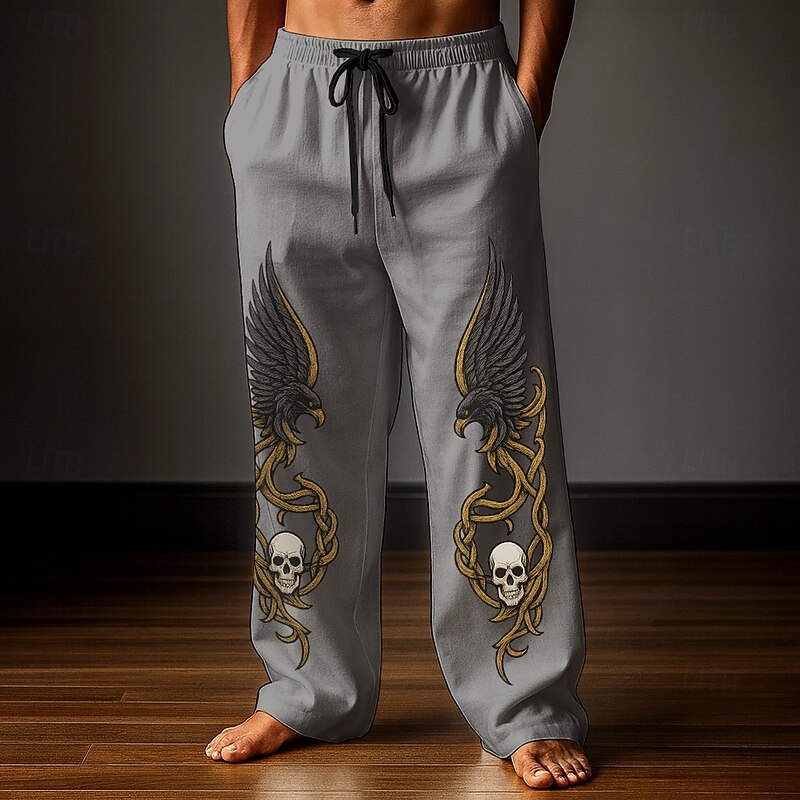Men's Trousers Baggy Pants Casual Pants Elastic Drawstring Waist Linen-Like Pants with Pockets Skull Eagle Celtics Full Length Outdoor Holiday Retro Vintage White Dark Blue Inelastic4