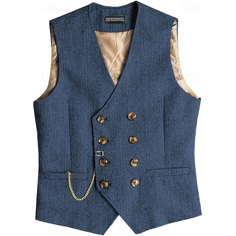 Men's Vest Waistcoat Formal Vacation Daily Wedding Party Fashion Casual Spring Fall Pocket Buttons Polyester Wool Blend Comfortable Plain Herringbone Double Breasted V Neck Slim Fit Burgundy Navy2